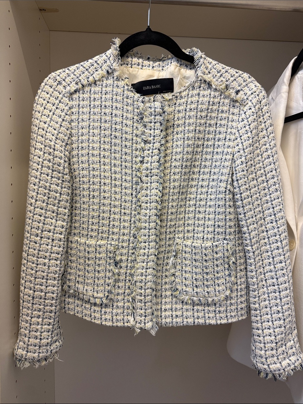 Zara Ivory, Yellow and Blue Tweed Collarless Jacket
